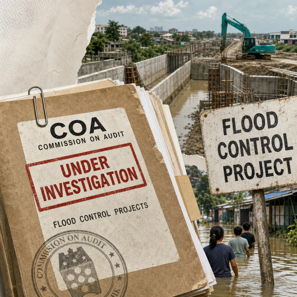 A collage showing a construction site for a flood control project, a sign reading "Flood Control Project," people wading through floodwaters, and a folder labeled "COA Commission on Audit Under Investigation Flood Control Projects," illustrating how a ₱60B corruption probe fuels public cynicism in the Philippines.