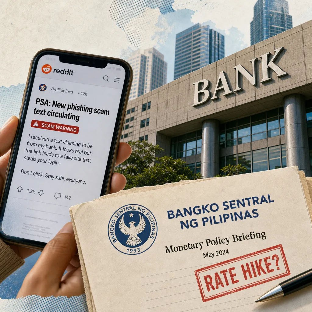 A hand holds a smartphone displaying a warning about a phishing scam targeting bank customers, in front of a modern bank building, with a Bangko Sentral ng Pilipinas monetary policy briefing document labeled "Rate Hike?" in the foreground, illustrating Philippine banking faces digital fraud risks, weak economic growth, low FDI, and rising consumer complaints.