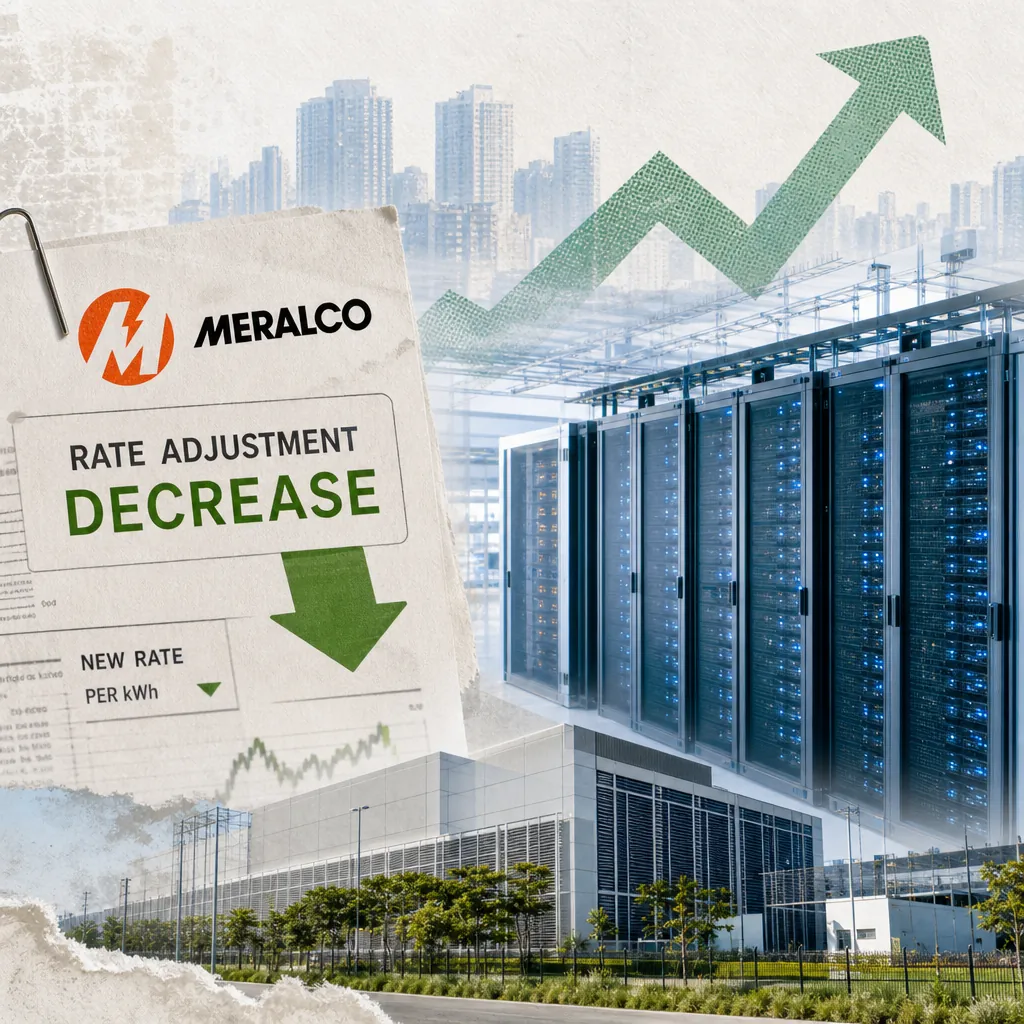 A collage showing a Meralco rate adjustment notice with a green arrow pointing down for electricity rate cut, a modern data center with server racks, city buildings in the background, and a green upward arrow, illustrating Philippine business news highlights Meralco’s electricity rate cut, data center capacity strain, infrastructure upgrades, and calls for better energy and flood solutions.