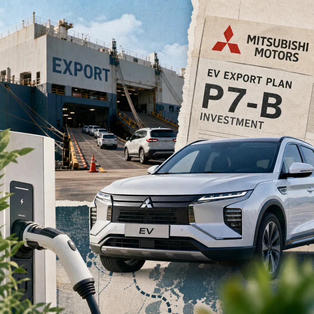 A Mitsubishi electric vehicle is shown charging at a station, with a large export ship in the background loading cars, and a sign highlighting Mitsubishi’s P7B hybrid EV investment.