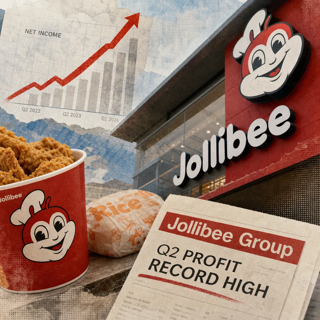 A collage showing a Jollibee restaurant exterior, a bucket of Jollibee fried chicken, a rice meal, a newspaper headline reading "Jollibee Group Q2 Profit Record High," and a chart with rising net income, illustrating the keyphrase "Jollibee posts record profit."