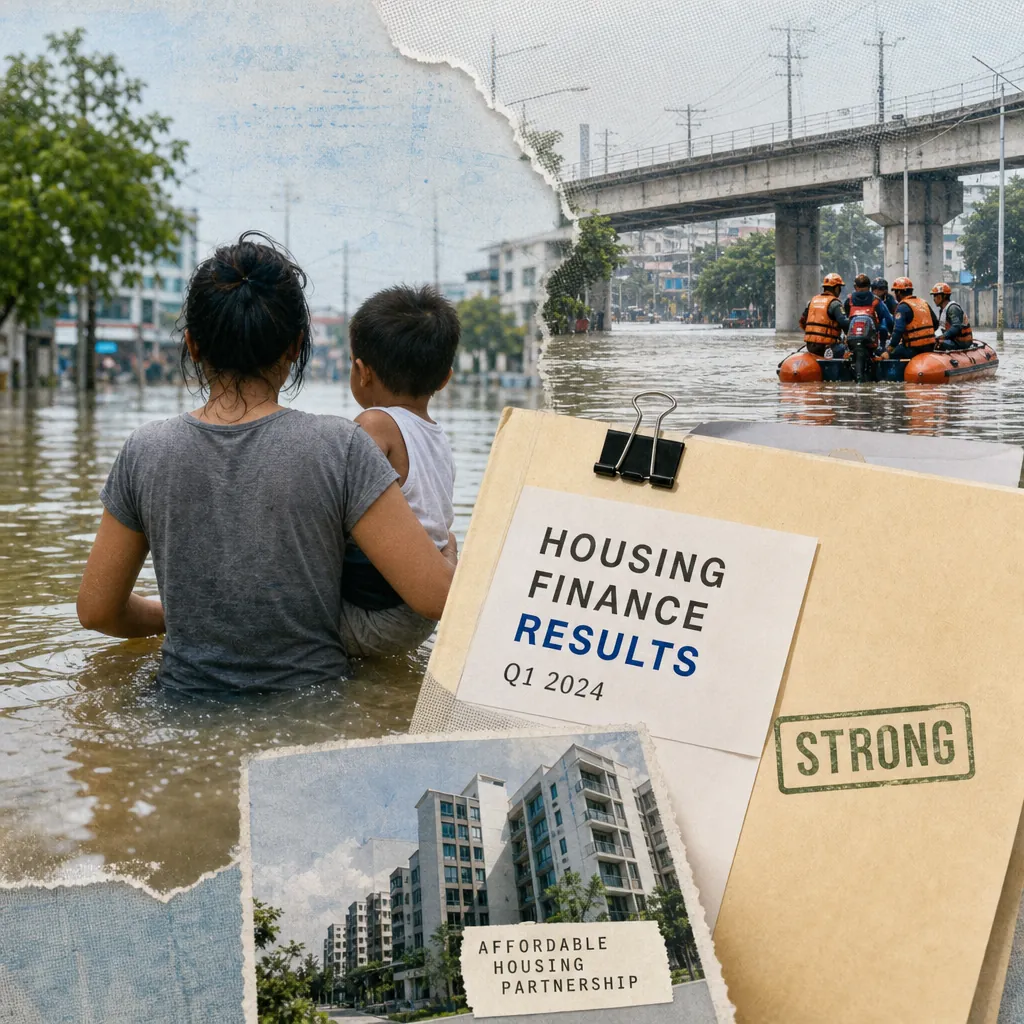 A collage showing a woman and child wading through floodwaters, a rescue boat with emergency workers, and documents labeled "Housing Finance Results Q1 2024" and "Affordable Housing Partnership," illustrating floods and government response fueled public distrust, while Pag-IBIG Fund’s record income and new affordable housing partnership signaled institutional stability.