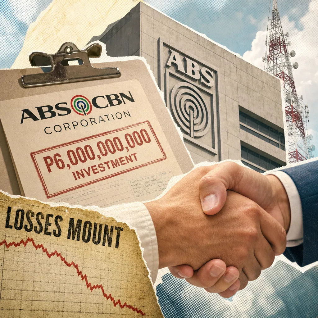 A collage showing a handshake in front of the ABS-CBN building and broadcast tower, a clipboard with "ABS-CBN Corporation P6,000,000,000 Investment," and a downward graph labeled "Losses Mount," illustrating ABS-CBN secures P6B investment amid losses.