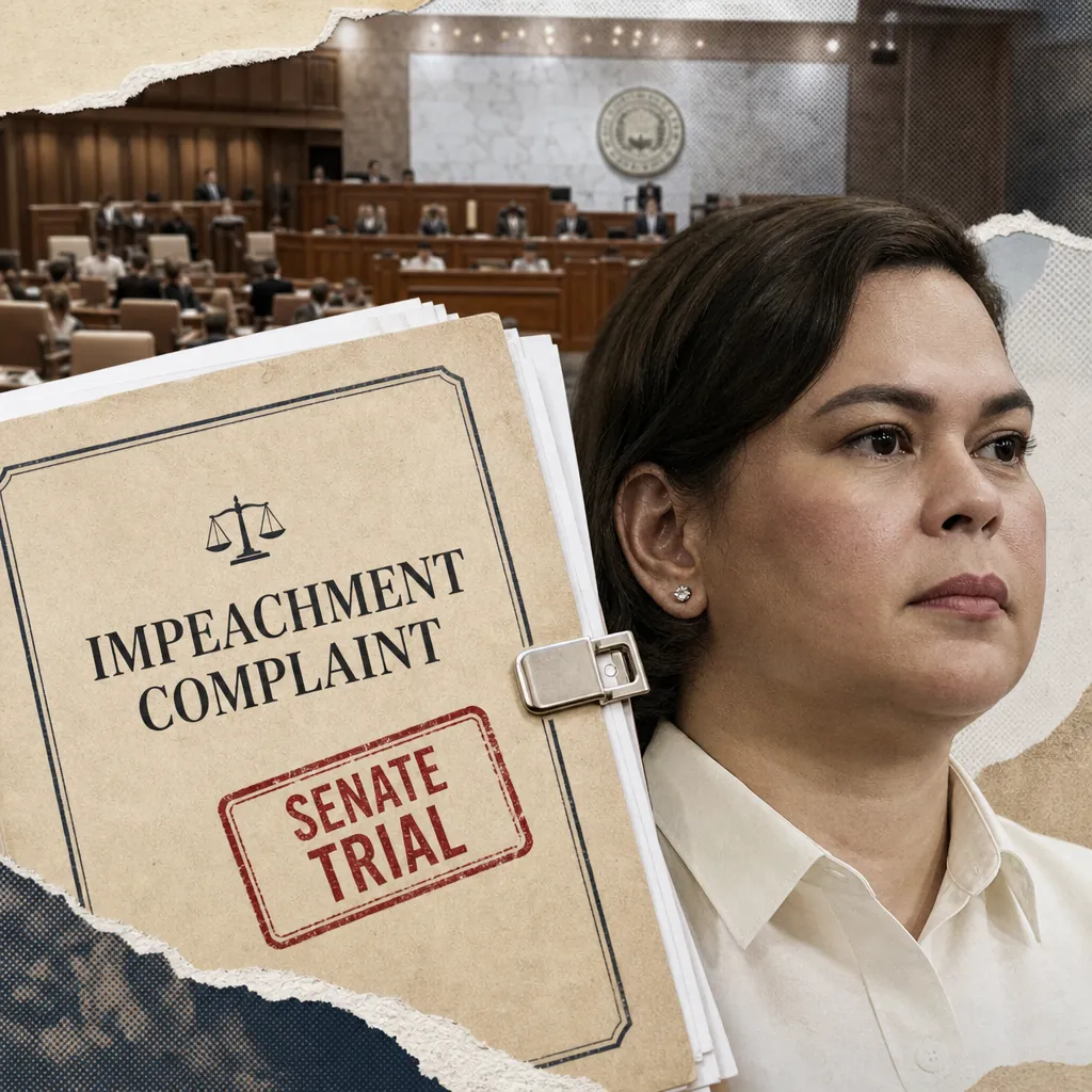 A serious-looking woman in formal attire stands in front of a courtroom scene, with a large folder labeled "Impeachment Complaint Senate Trial" in the foreground, illustrating the impeachment trial of VP Duterte and monsoon floods dominate Philippine news.