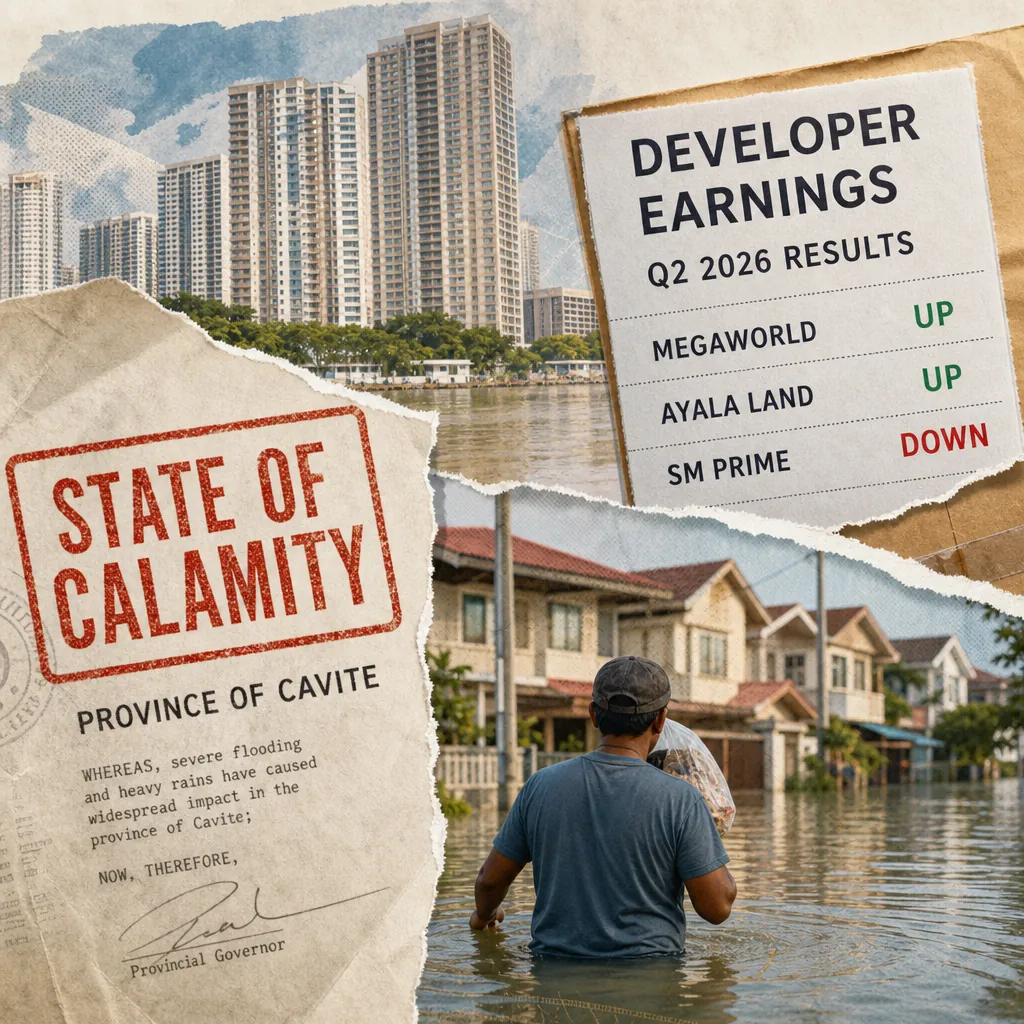 A collage showing severe flooding in a residential area with a man wading through water, high-rise buildings surrounded by floodwater, a document declaring a state of calamity in Cavite, and a chart of developer earnings, illustrating how flooding in Cavite, Bulacan, and Laguna dominates Philippine property sector talk.