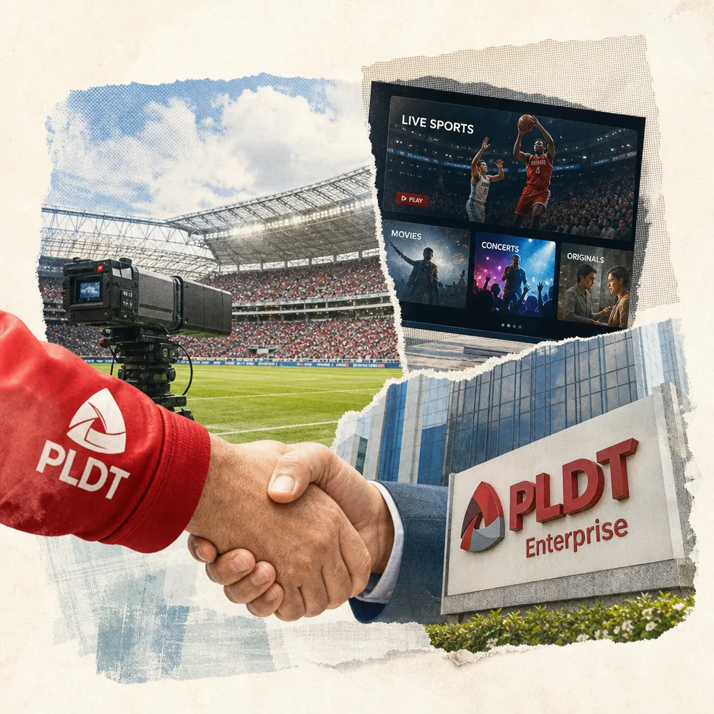 A collage showing a handshake between two people, one wearing a PLDT jacket, in front of a stadium with a camera filming a sports event, a streaming screen displaying live sports, movies, concerts, and originals, and the PLDT Enterprise building, illustrating PLDT sports and entertainment drove social buzz.
