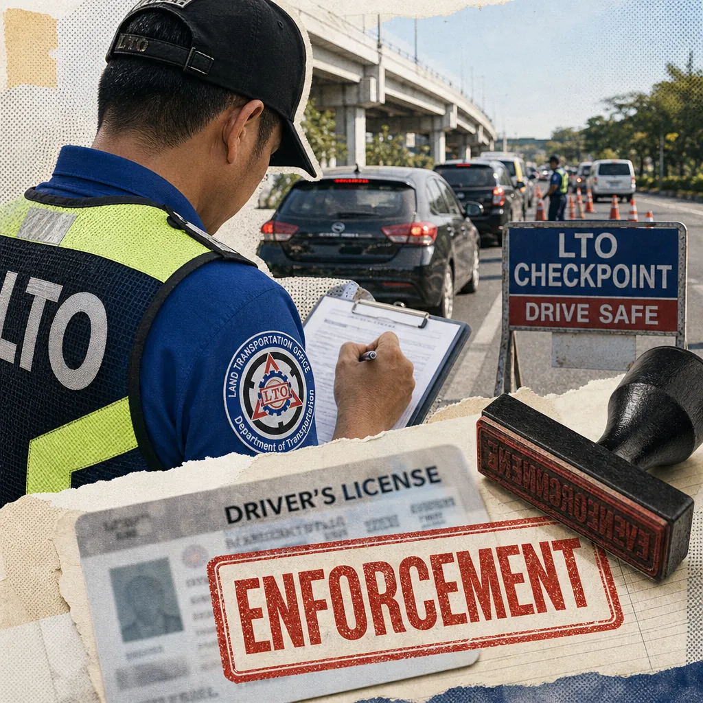 A Land Transportation Office (LTO) officer writes on a clipboard at a roadside checkpoint with cars lined up, a sign reading "LTO CHECKPOINT DRIVE SAFE," and an image of a driver's license stamped "ENFORCEMENT," illustrating LTO crackdown on reckless driving, anti-fixing arrests, public safety concerns, industry innovation, and commuter challenges shape Philippine transport sector.