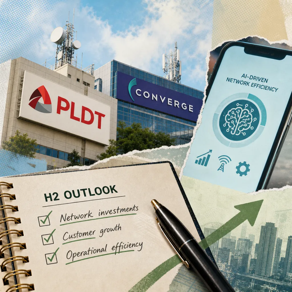 Collage showing PLDT and Converge office buildings, a smartphone screen with "AI-driven network efficiency," and a notebook listing H2 outlook priorities, illustrating PLDT and Converge report flat or declining H1 profits amid rising costs, with focus on H2 rebound.