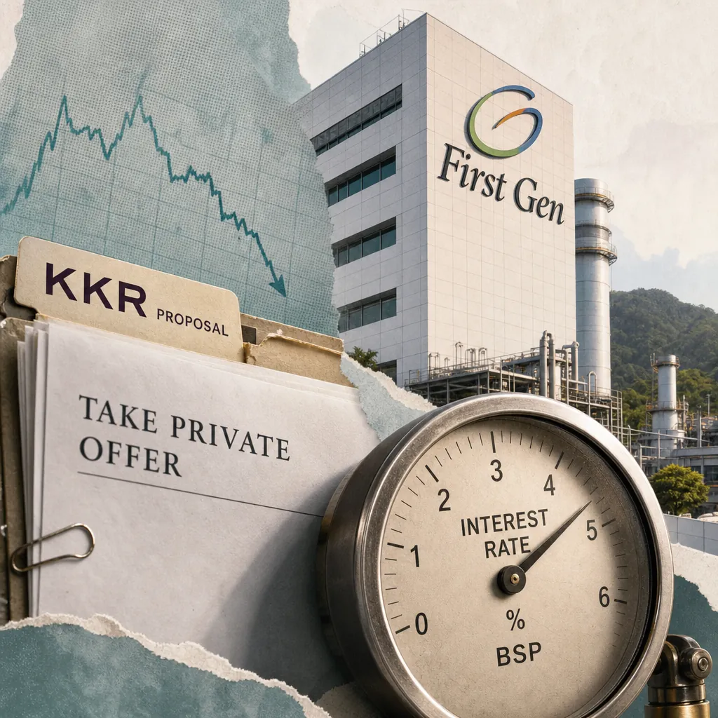 A collage showing a First Gen building, a falling stock chart, a KKR proposal folder, a document labeled "Take Private Offer," and a gauge marked "Interest Rate % BSP," illustrating Philippine Q2 GDP growth slowed to 2.3%, prompting rate hike forecasts.