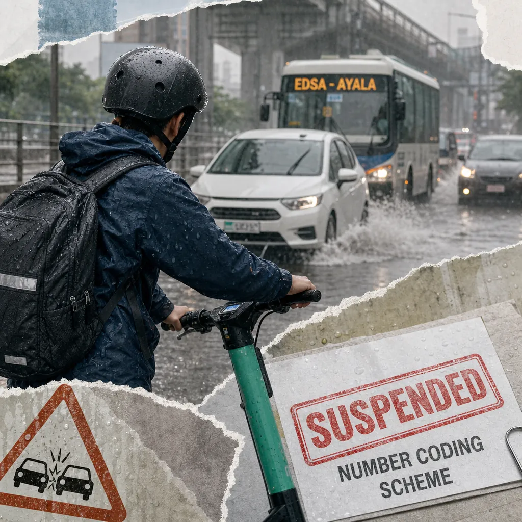 A person in rain gear rides a scooter on a flooded city street as cars and a bus drive through water, with a collage of a road safety warning sign and a paper reading "SUSPENDED NUMBER CODING SCHEME," illustrating how monsoon disrupts commutes with repeated coding suspensions.