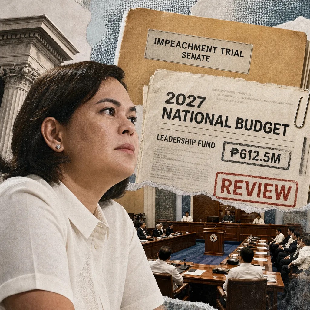 A serious-looking woman in a white blouse sits in front of a collage showing a government building, a Senate hearing with officials seated in a chamber, and documents labeled "Impeachment Trial Senate" and "2027 National Budget Leadership Fund ₱612.5M REVIEW," illustrating impeachment trial, Senate fund scandal, budget backlash, and flood response drive public skepticism in the Philippines, with social media amplifying distrust.