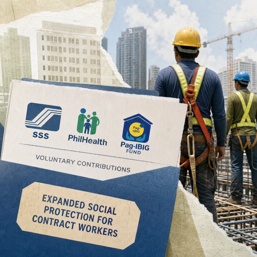 Two construction workers in safety gear stand on a building site with city skyscrapers and cranes in the background, while a document in the foreground highlights expanded social protection for contract workers, referencing a new order on contract worker benefits signals long-term shifts for property firms.