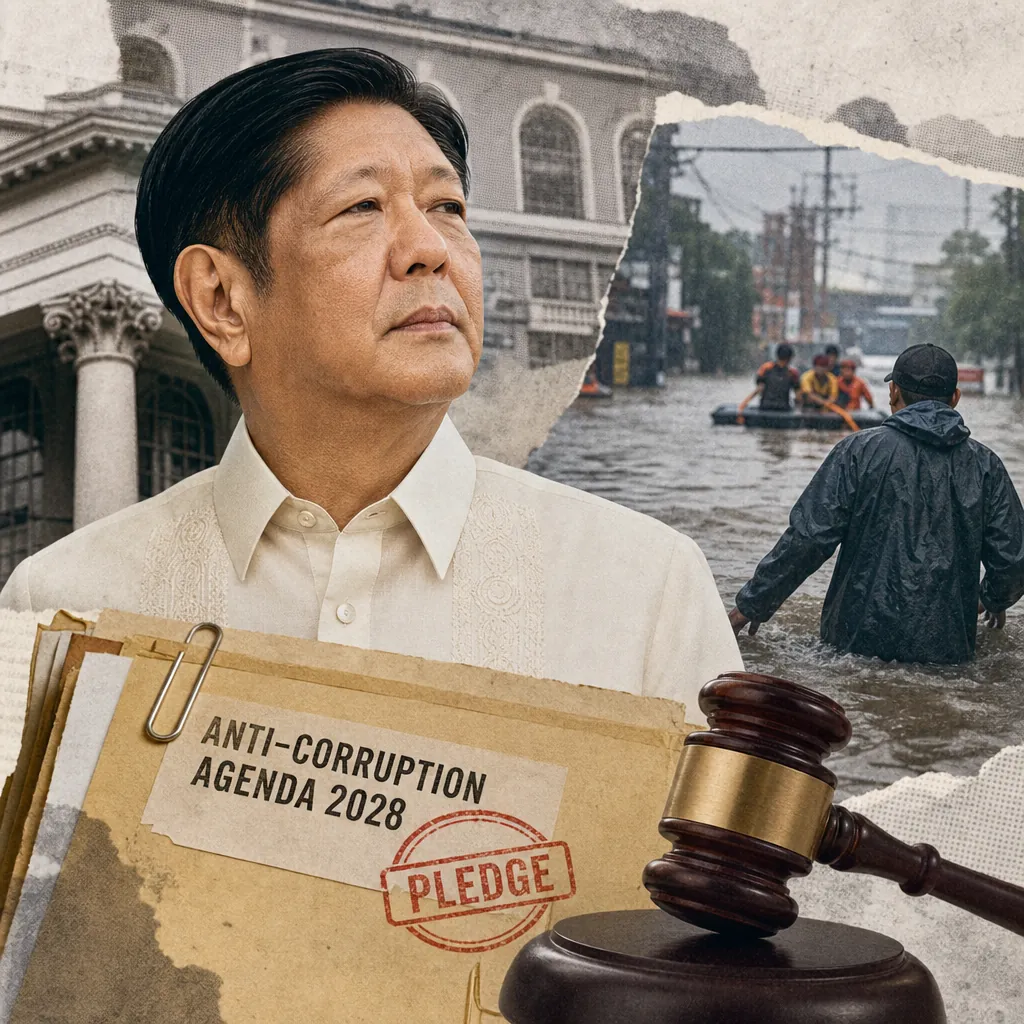 A serious-looking man in traditional Filipino attire stands in front of a collage showing a flooded street with rescue workers, a government building, a gavel, and a folder labeled "ANTI-CORRUPTION AGENDA 2028 PLEDGE," illustrating the severe monsoon disruption affecting millions and education in the Philippines, alongside political debate over anti-corruption, impeachment, and public cynicism.