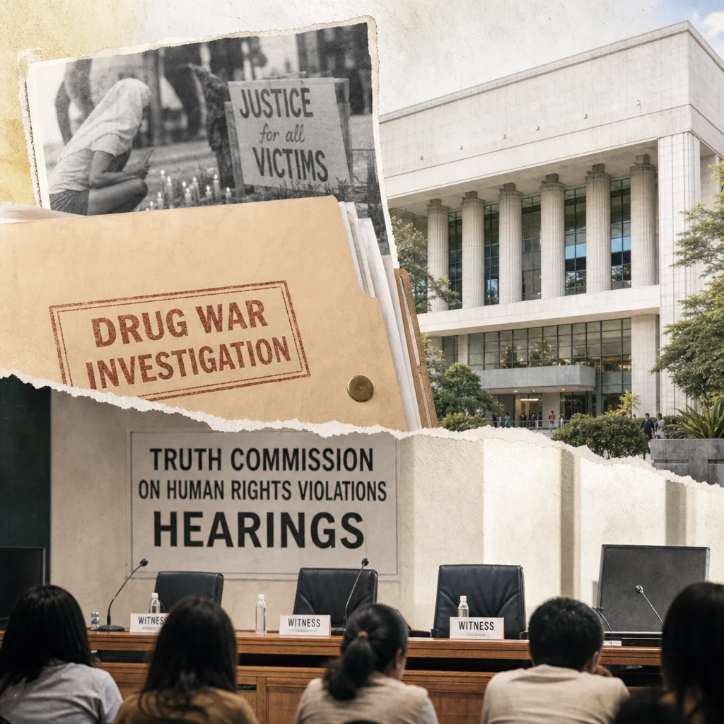A collage showing a courthouse, a file labeled "Drug War Investigation," a protest sign reading "Justice for all victims," and a hearing room with a sign that says "Truth Commission on Human Rights Violations Hearings," illustrating the Truth Commission opens drug war hearings.