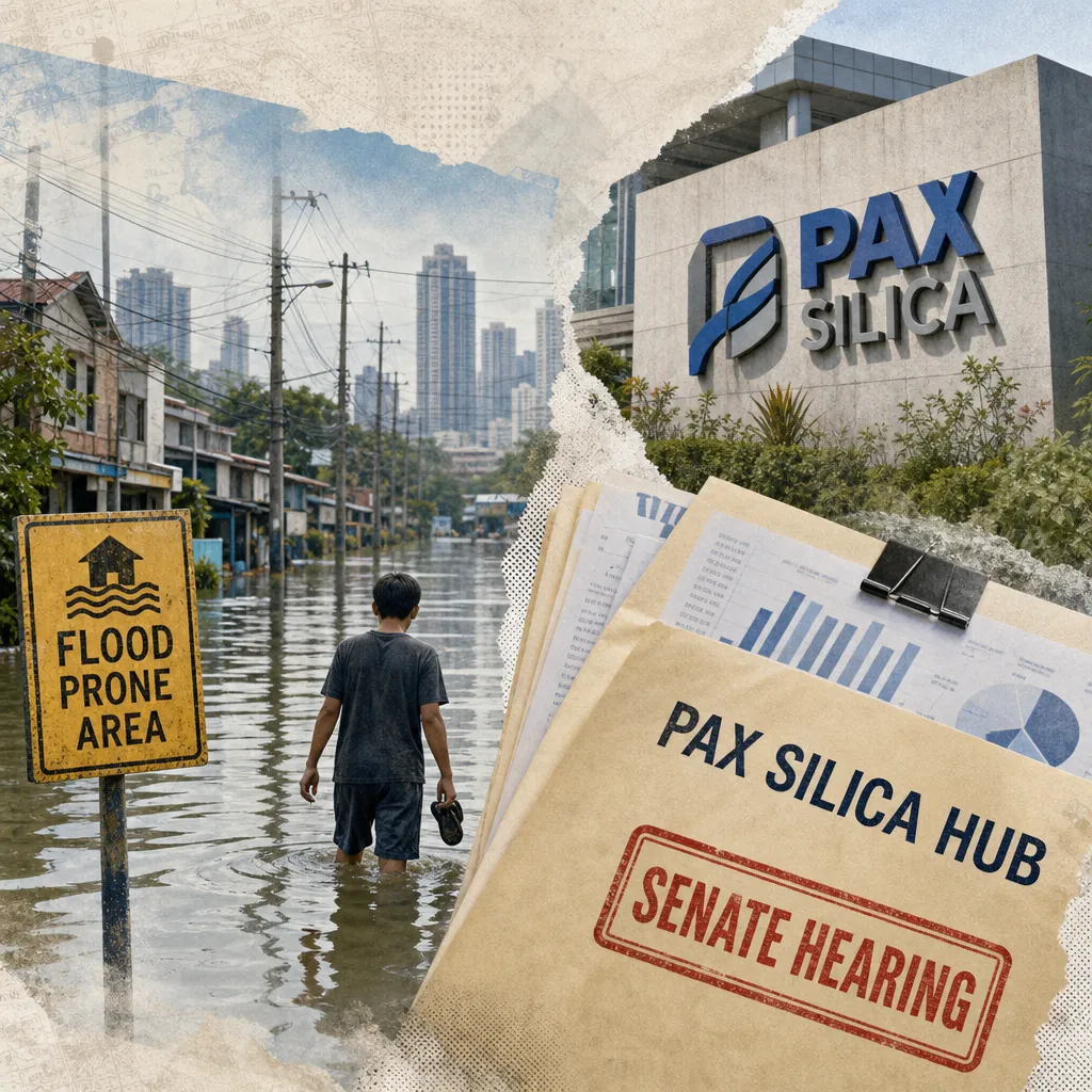 A collage showing a flooded street in Luzon with a "Flood Prone Area" sign and a person wading through water, the Pax Silica hub building, and folders labeled "Pax Silica Hub Senate Hearing," highlighting urgent concerns over infrastructure, water sustainability, and property market confidence.