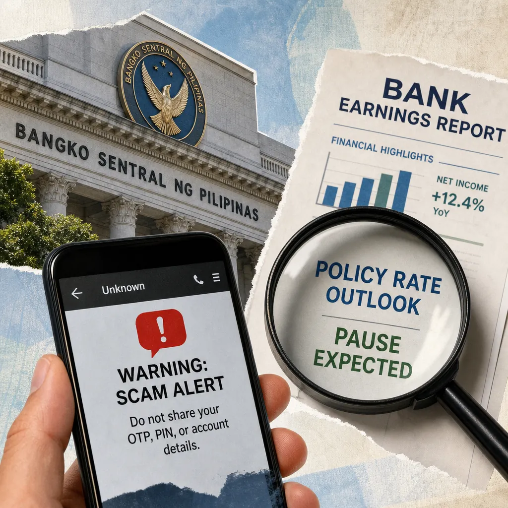 A collage showing the Bangko Sentral ng Pilipinas building, a phone displaying a scam alert warning, a bank earnings report with mixed results, and a magnifying glass highlighting "policy rate outlook: pause expected," illustrating BSP signals cautious rates amid weak growth, banks boost scam awareness, mixed earnings reflect slowdown, and public shows skepticism toward institutional messaging.