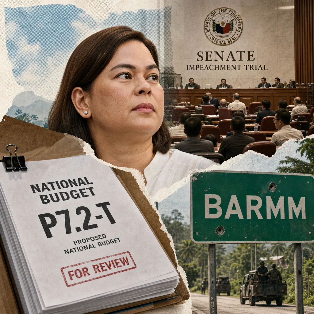 A collage showing a serious woman in the foreground, a Senate impeachment trial in session, a large document labeled "National Budget P7.2-T For Review," a road sign reading "BARMM," and military vehicles on a rural road, illustrating public cynicism, political polarization, and calls for transparency in governance.
