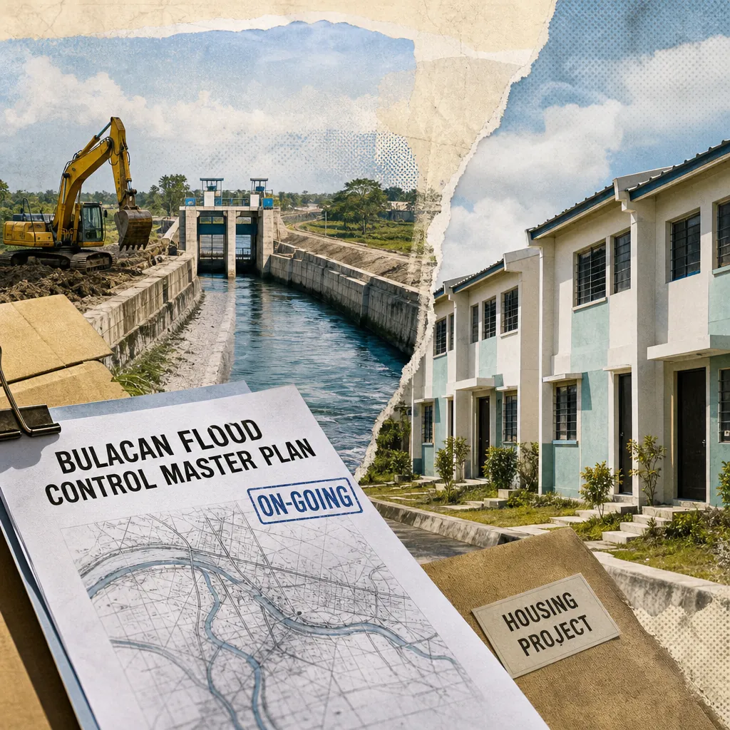 A collage showing a construction site with an excavator by a flood control canal, a row of new housing units, and documents labeled "Bulacan Flood Control Master Plan" and "Housing Project," illustrating flood control inspections in Bulacan and their impact on property confidence.