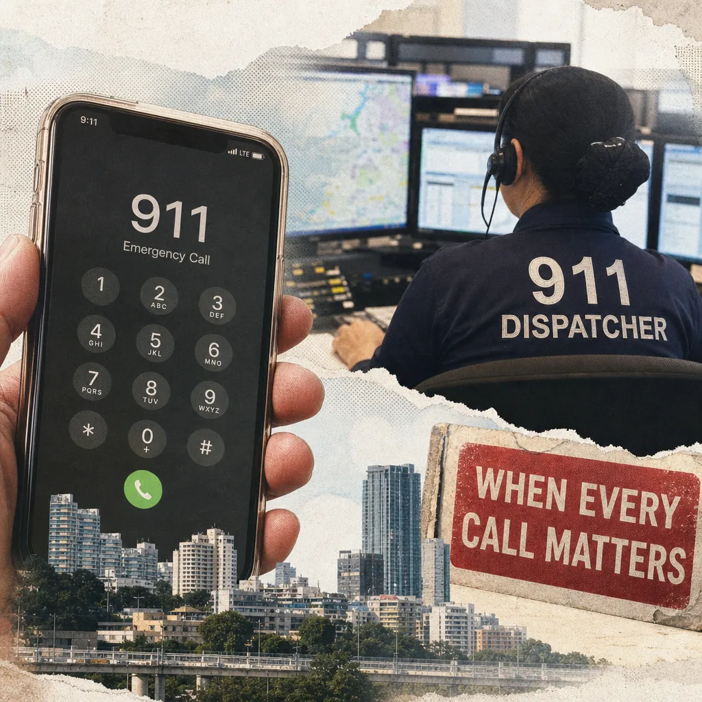 A collage showing a hand holding a phone with 911 emergency call on the screen, a 911 dispatcher working at computer monitors, a city skyline, and a sign that says "When Every Call Matters," illustrating how political allegations dominated social media, overshadowing telco issues.