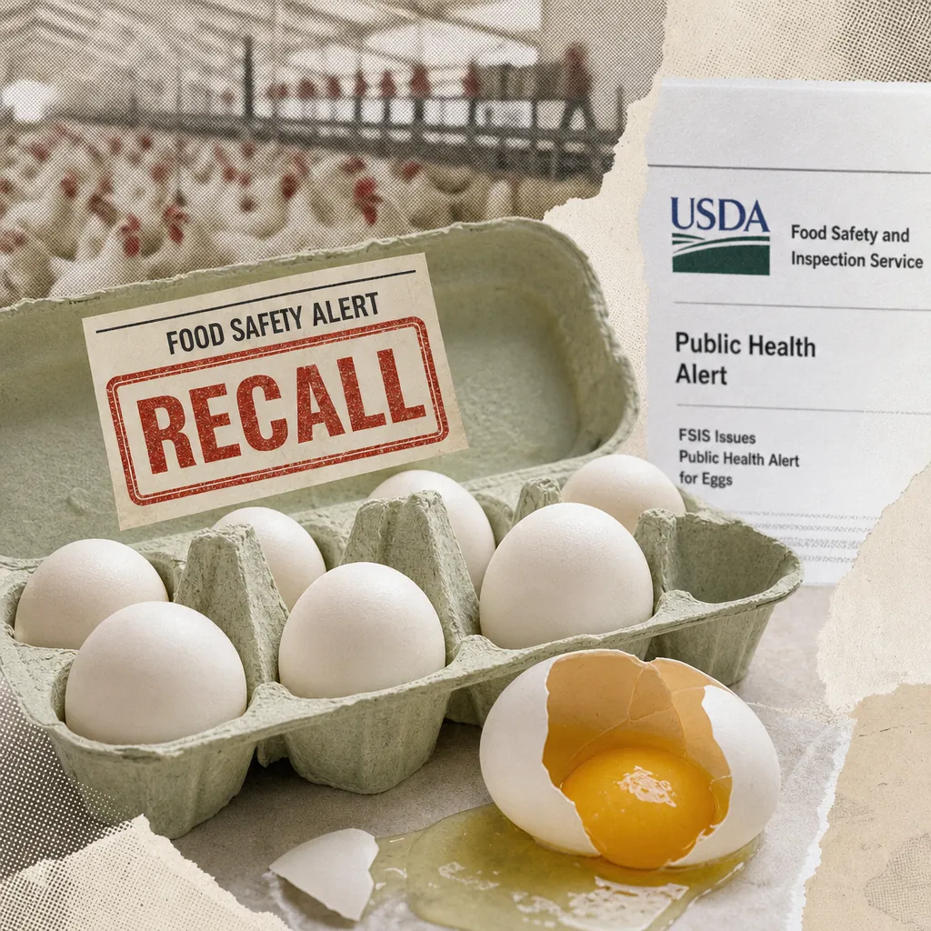 A carton of eggs with a broken egg in the foreground, a "Food Safety Alert RECALL" sign, a USDA public health alert notice, and a background image of chickens in a poultry farm, illustrating US food safety recalls escalate with major egg, meat, and lettuce alerts.