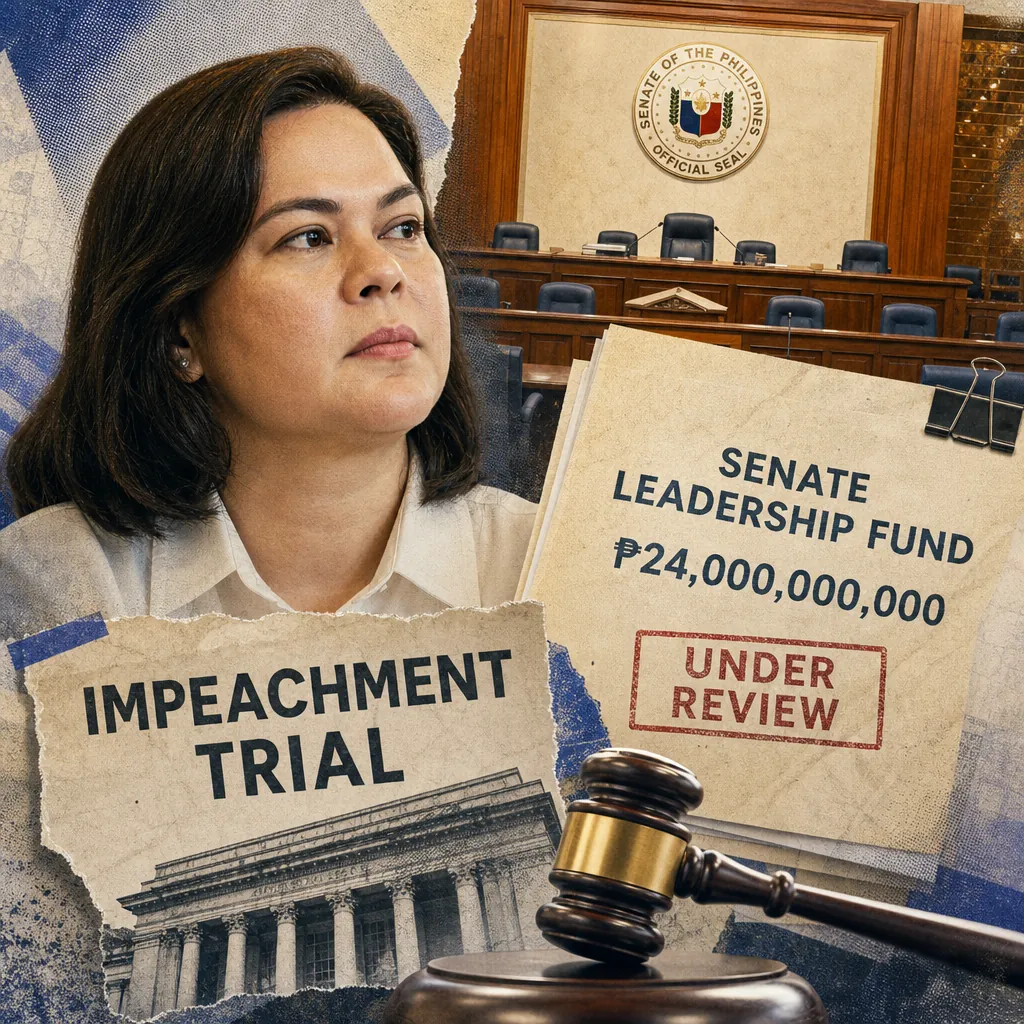 A woman in a white shirt looks to the side in front of a large folder labeled "Impeachment Trial," with a document showing "Senate Leadership Fund" and a background of the Philippine Senate chamber, illustrating the impeachment trial of VP Sara Duterte and Senate fund scrutiny.