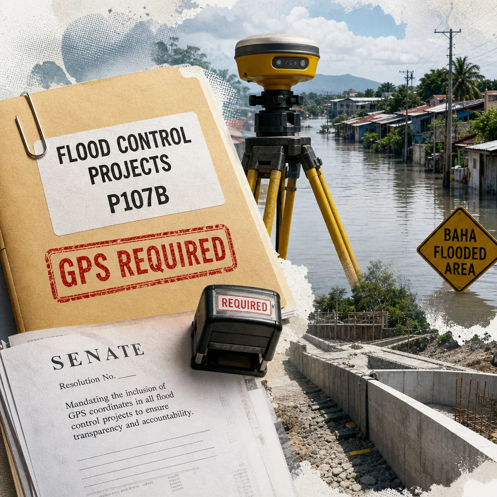 A collage showing engineers surveying a flood control project with GPS coordinates, a document labeled "Senate Flood Projects Require GPS Coordinates" with funding details, a "Mandate" stamp for accountability, and people wading through a flooded street, illustrating the Senate mandates GPS for flood projects to curb corruption as monsoon floods disrupt Luzon.