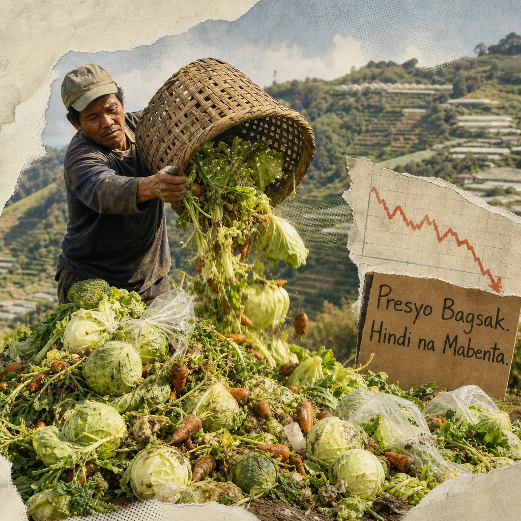 A Benguet farmer dumps a large basket of unsold vegetables onto a pile in a field, with a sign showing a downward price graph and the words "Presyo Bagsak. Hindi na Mabenta," illustrating Benguet farmers dump crops due to low prices.