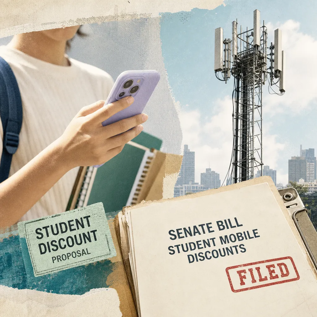 A student holding a smartphone and notebooks stands next to a large telecommunications tower, with documents labeled "Student Discount Proposal" and "Senate Bill Student Mobile Discounts Filed," illustrating the Philippine telco debate on student data discounts, industry investment in shared infrastructure, rural connectivity gaps, and new data center expansion plans.
