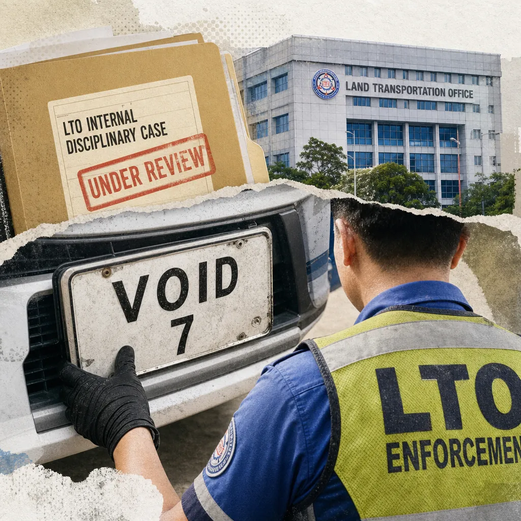 A collage showing an LTO enforcement officer stopping traffic, the LTO building, a hand holding a fake license plate, and a folder labeled "Internal Discipline," representing a shift in Philippine automotive regulation, accountability, and innovation.