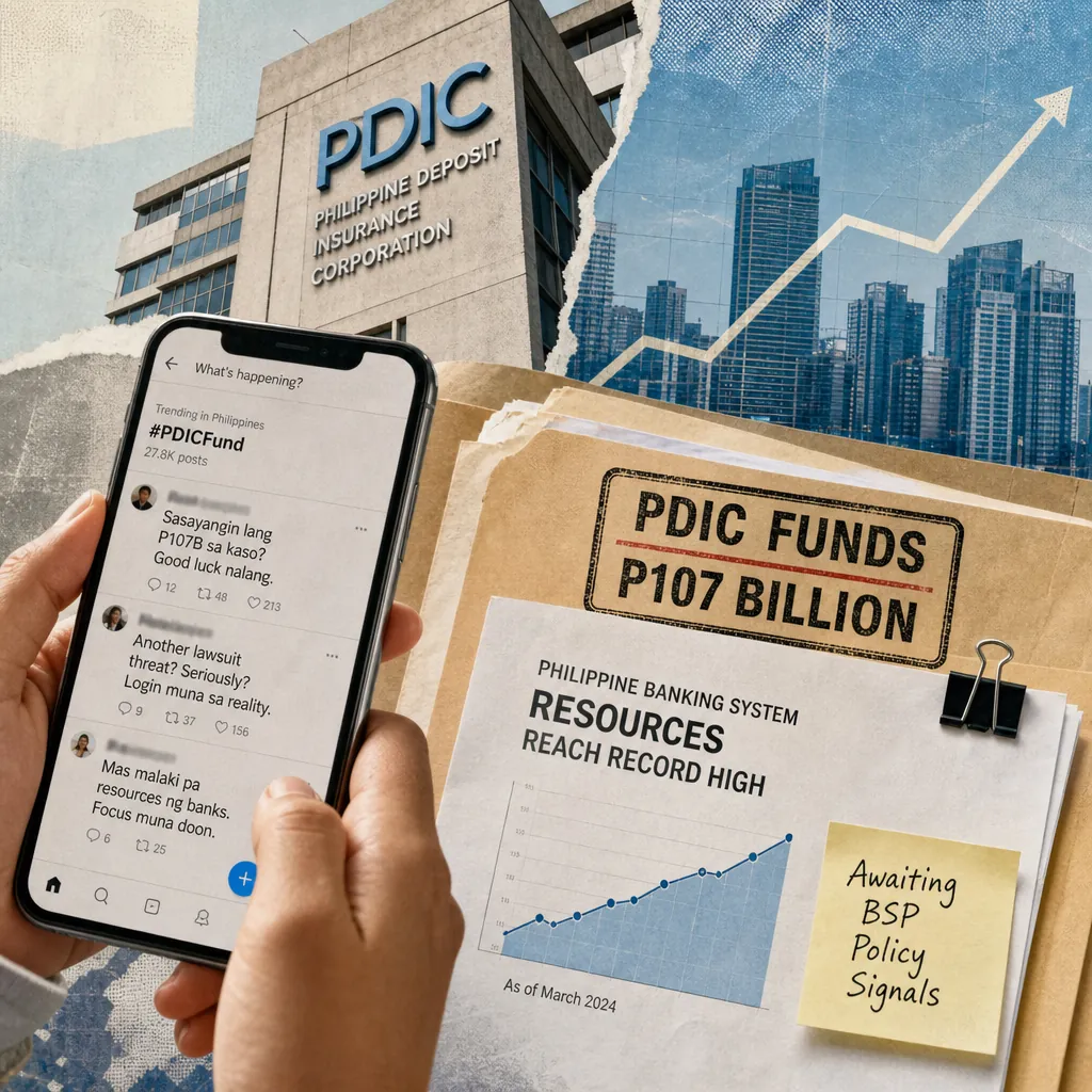 A collage showing a hand holding a phone with social media posts about the PDIC fund lawsuit, the PDIC building, a city skyline with an upward graph, and documents labeled "PDIC Funds P107 Billion" and "Philippine banking system resources reach record high," highlighting the keyphrase BSP policy outlook.