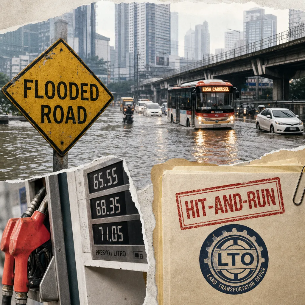 A collage showing severe flooding in Metro Manila with vehicles and a bus driving through a flooded road, a yellow "Flooded Road" sign, a close-up of fuel pumps and rising fuel prices, and a folder labeled "Hit-and-Run" with the LTO logo, illustrating Metro Manila faced severe flooding and a fuel price hike.
