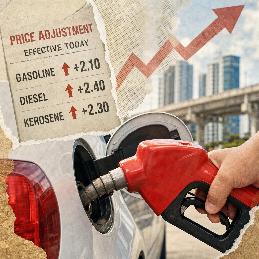 A hand holds a red fuel nozzle pumping gas into a car, with a torn paper overlay showing fuel price hikes for gasoline, diesel, and kerosene, and a red upward arrow graph, illustrating Philippine news highlights sugar industry action on pest infestation, imported pork's impact on local vendors, fuel price hikes, and cautious consumer sentiment.