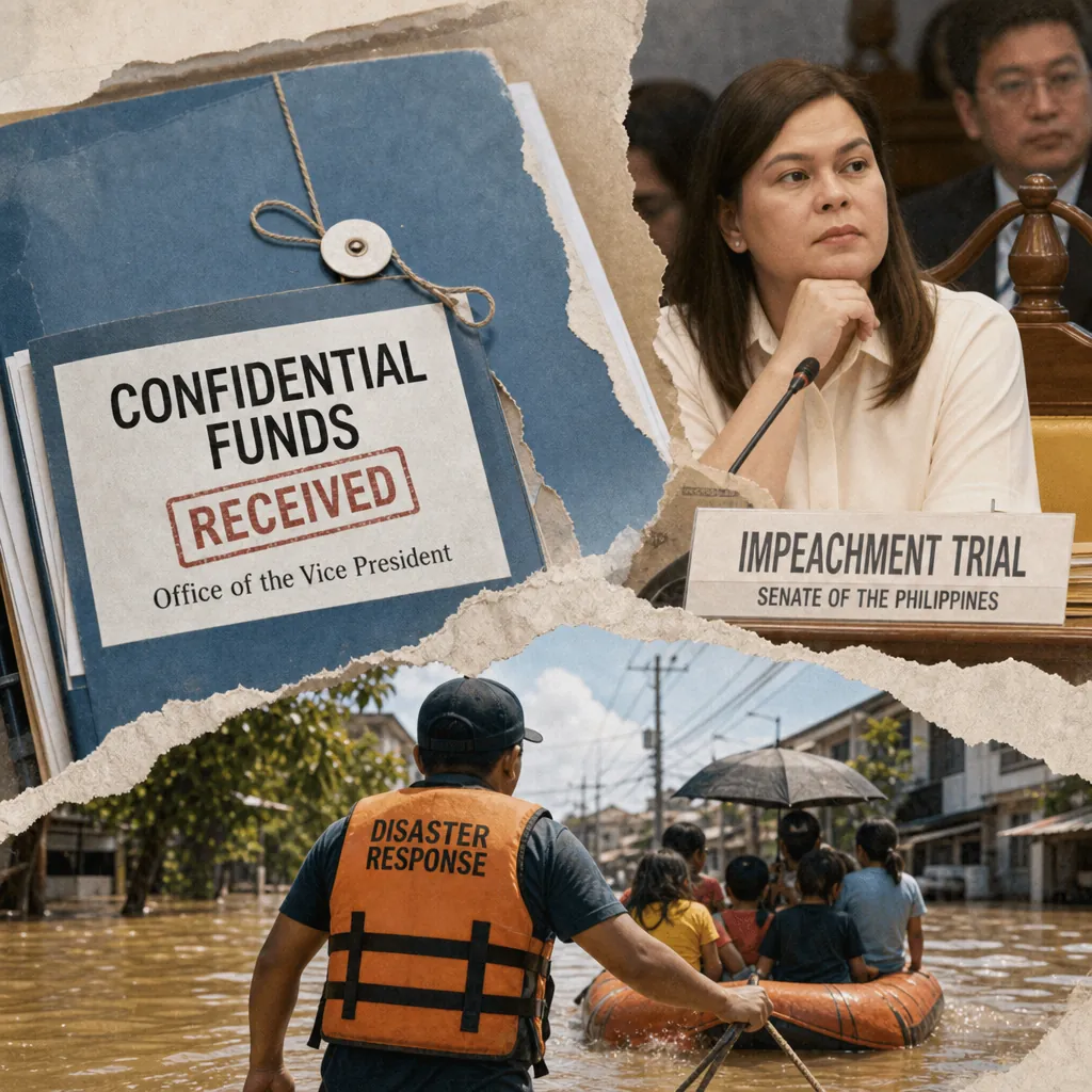 A collage showing a folder labeled "Confidential Funds Received" from the Office of the Vice President, a woman at an impeachment trial in the Senate of the Philippines, and a disaster response worker helping people evacuate by raft through monsoon floods in Luzon, highlighting infrastructure gaps, public frustration, and VP Duterte’s impeachment trial over P125M funds.