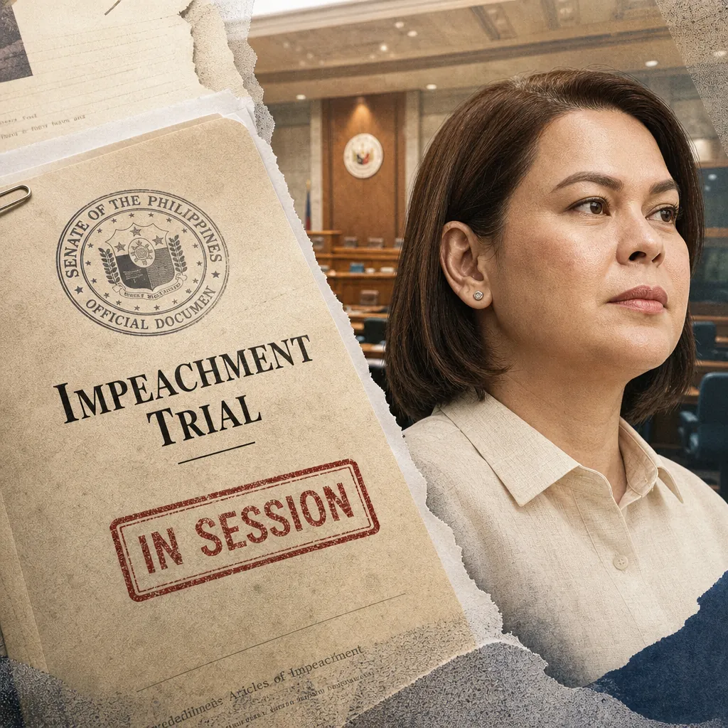A serious woman sits in a government chamber next to a torn document labeled "Impeachment Trial In Session," illustrating the impeachment trial of VP Sara Duterte.