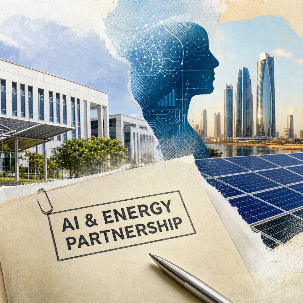 A collage showing a modern office building, a digital human head silhouette with AI network graphics, skyscrapers by the water, solar panels, and a notepad labeled "AI & Energy Partnership," representing the Philippines-UAE AI and renewable energy partnership.
