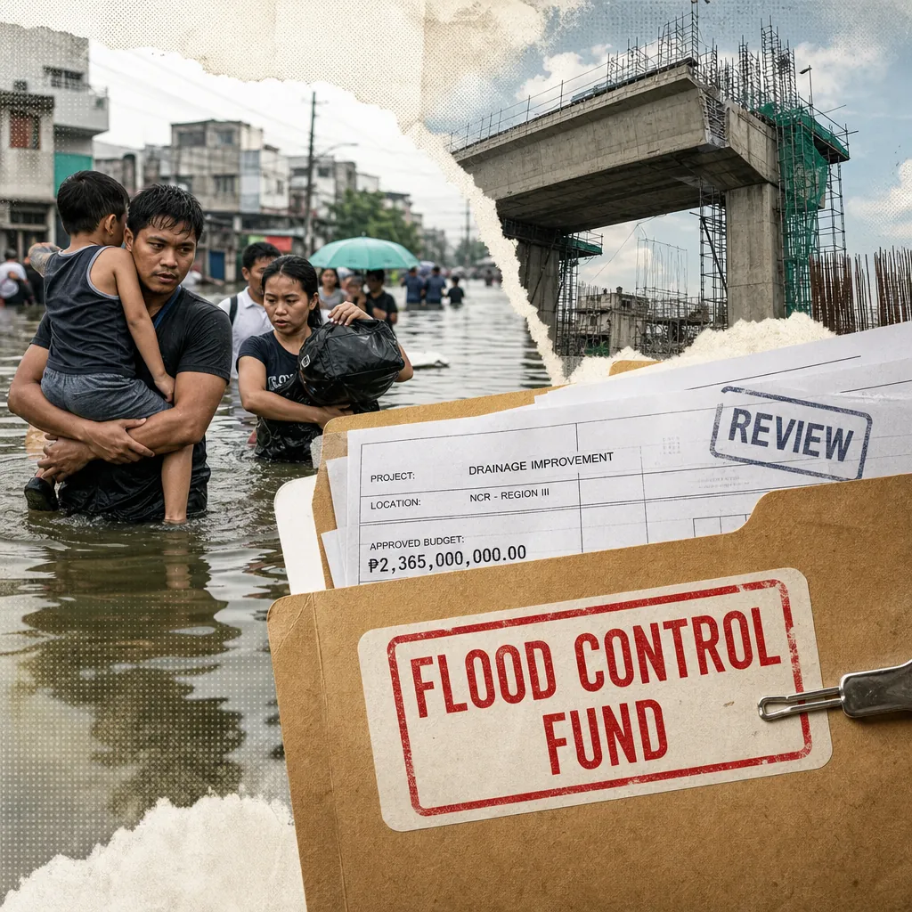 A collage showing people wading through deep floodwaters in a city, a stalled construction project, and a folder labeled "FLOOD CONTROL FUND" with documents about drainage improvement, illustrating how torrential monsoon floods paralyzed Luzon and fueled public anger over corruption and failed flood control.