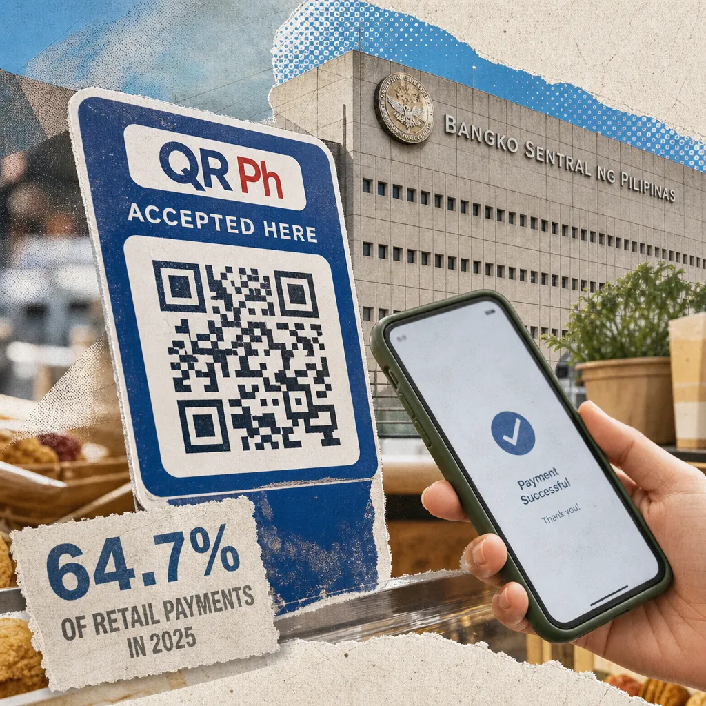 A person holds a smartphone showing a successful payment screen next to a QRPh digital payment sign, with the Bangko Sentral ng Pilipinas building in the background and a text overlay stating "64.7% of retail payments in 2025," illustrating digital payments hit 64.7% of Philippine retail transactions in 2025.