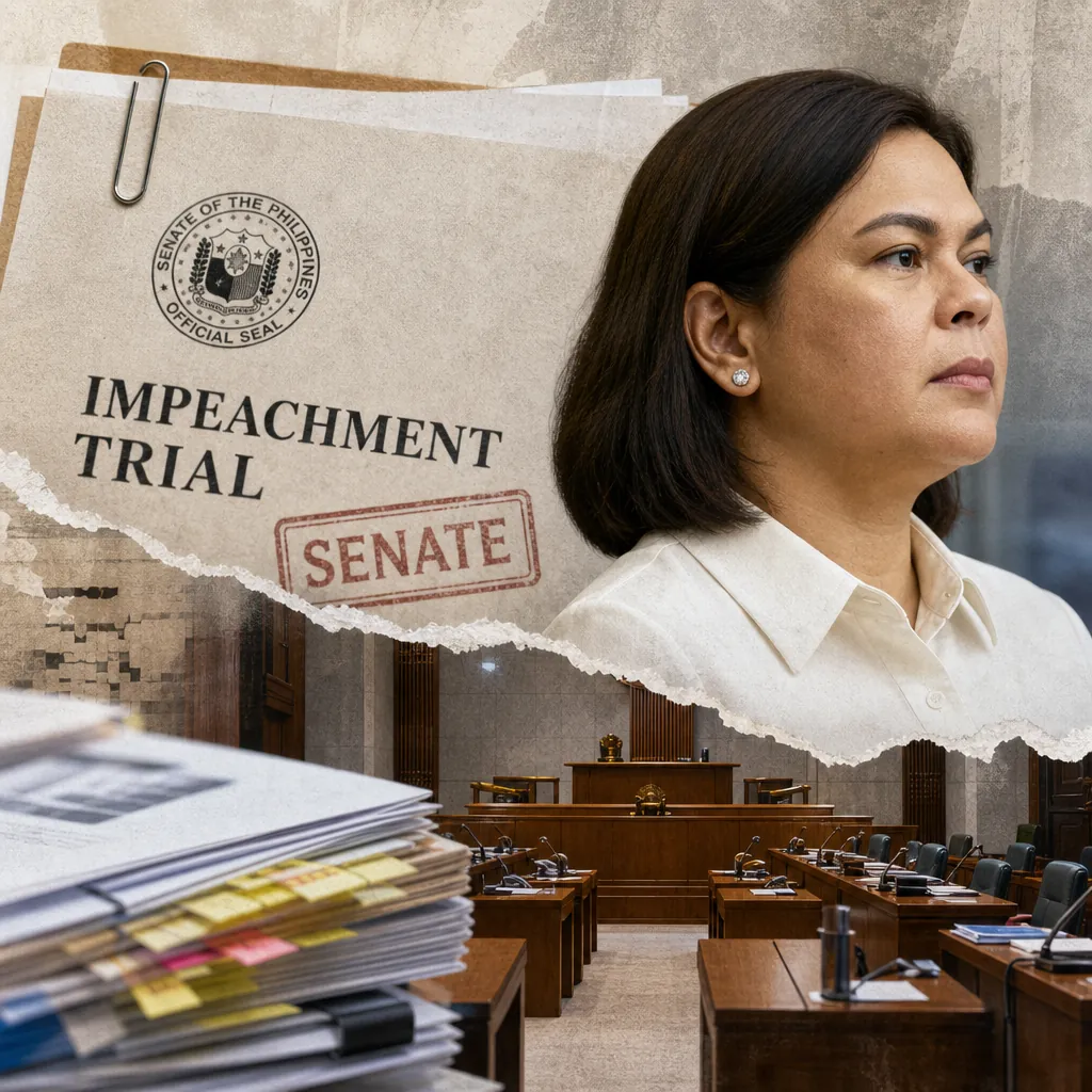 A serious-looking woman in formal attire is shown beside a large folder labeled "Impeachment Trial Senate" with the seal of the Senate of the Philippines, a stack of documents, and an empty Senate chamber, illustrating VP Duterte’s impeachment trial.
