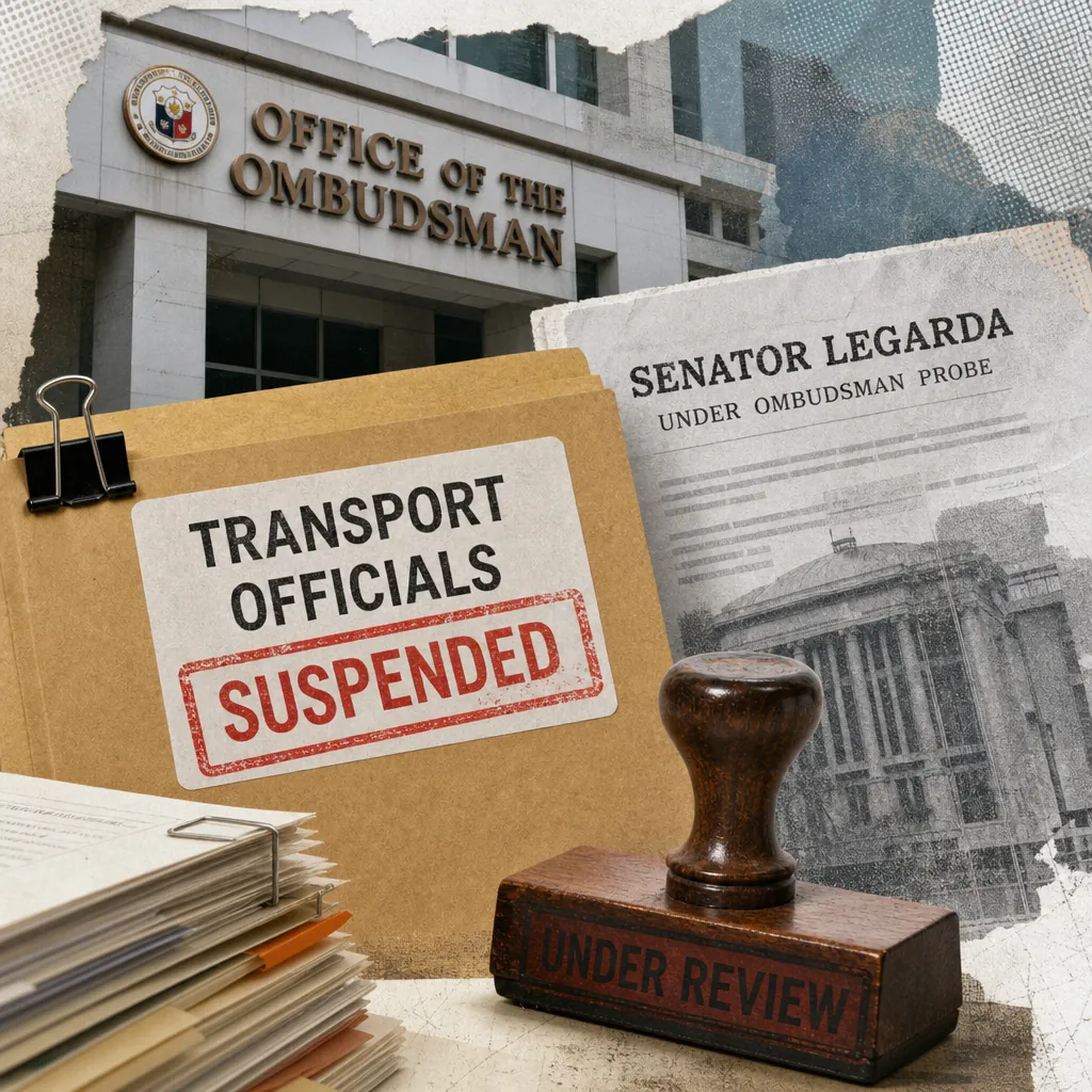 A collage showing the Office of the Ombudsman building, a folder labeled "Transport Officials Suspended," a document about a senator under probe, a stack of papers, and a stamp marked "Under Review," illustrating the Philippines facing overlapping crises: tropical depression, school shooting, political accountability, flood control, and public skepticism of government response.