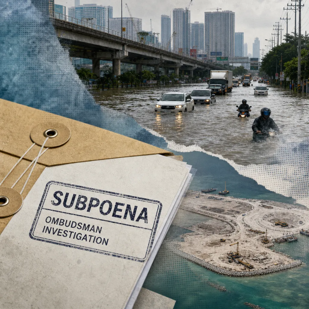 A collage showing cars and motorcycles driving through a flooded street in Metro Manila, a close-up of a subpoena labeled "Ombudsman Investigation," and an aerial view of a reclamation site in Taguig, illustrating Metro Manila floods and Taguig reclamation probe drive public scrutiny of governance, regulatory compliance, and developer accountability amid crisis.
