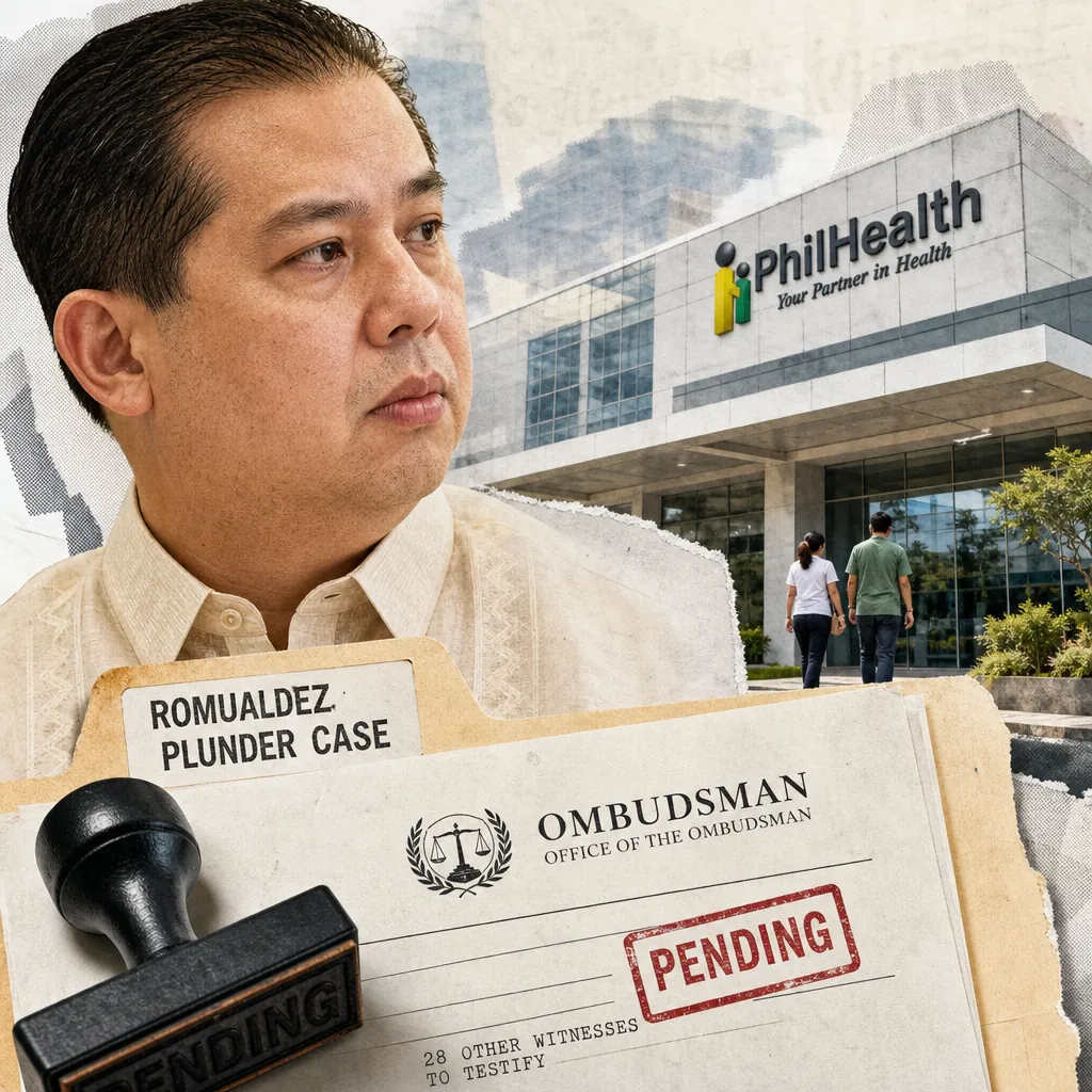 A serious-looking man in a barong stands in front of a PhilHealth building, with a folder labeled "Romualdez Plunder Case" and an Ombudsman document stamped "Pending," referencing 28 other witnesses, illustrating the keyphrase: Ombudsman rebuts Romualdez witness recantation with 28 new testimonies as impeachment, PhilHealth reforms, and school safety drive public and online debate.