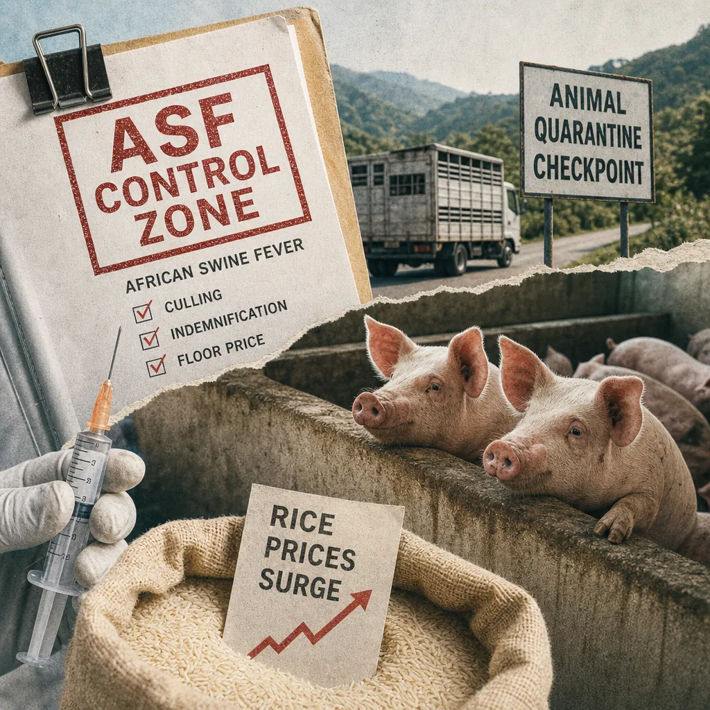 A collage showing a clipboard labeled "ASF Control Zone" with a checklist for culling, indemnification, and floor price, a gloved hand holding a syringe, pigs in a pen, a sack of rice with a sign reading "Rice Prices Surge," and a truck at an animal quarantine checkpoint, illustrating ASF outbreaks in Benguet and Zamboanga del Sur drive culls, indemnification, and floor prices as rice prices surge 22% amid El Niño, straining agriculture.