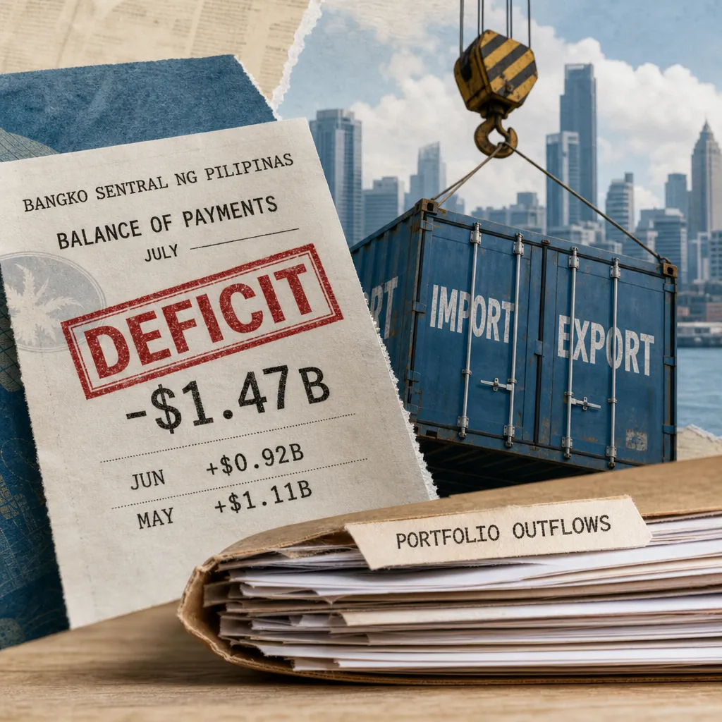 A collage showing a balance of payments report with a $1.47B deficit for July, a shipping container labeled import/export being lifted by a crane against a city skyline, and a folder marked portfolio outflows, illustrating the Philippines' $1.47B balance of payments deficit in July 2026 driven by trade gaps and investment outflows.