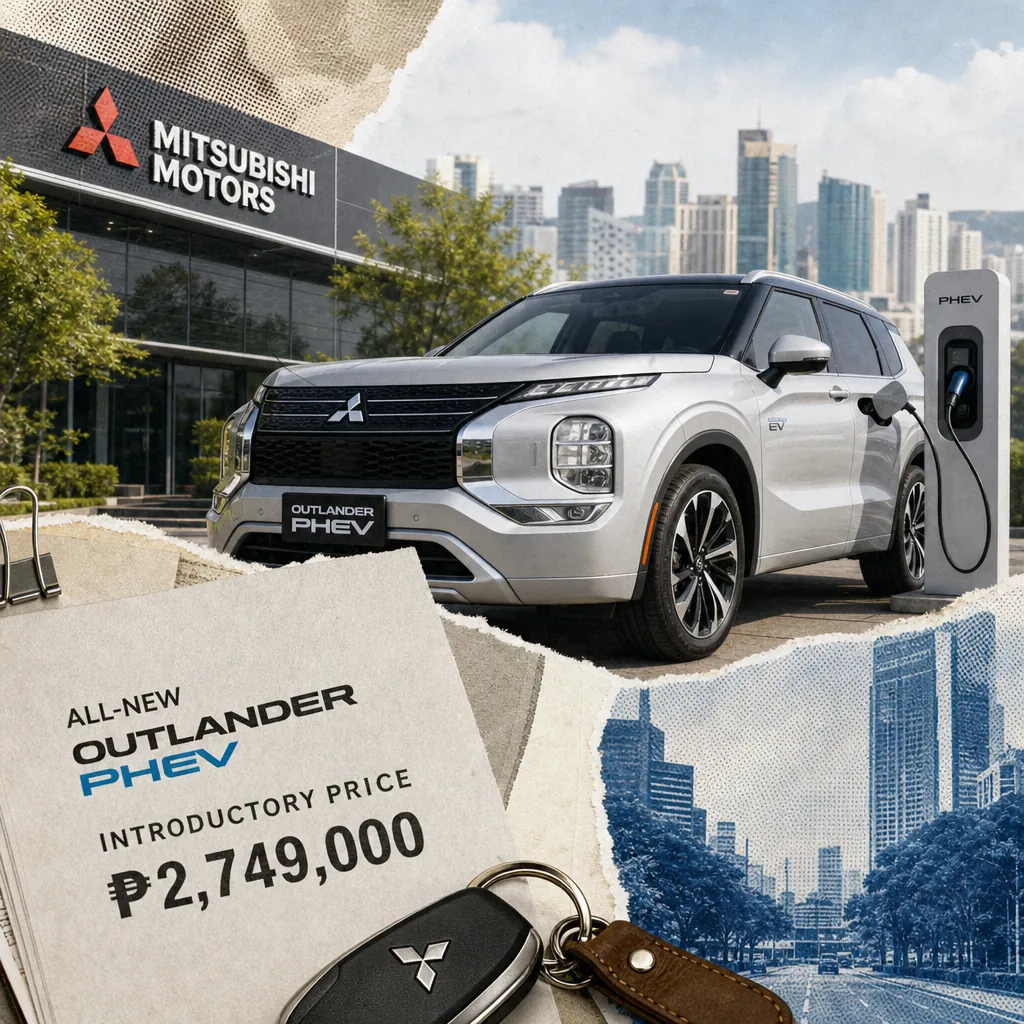 A silver Mitsubishi Outlander PHEV is parked and charging at a station in front of a Mitsubishi Motors dealership, with city buildings in the background, a close-up of car keys, and a sign showing the introductory price, illustrating the Mitsubishi Outlander PHEV launch, OMODA & JAECOO EV expansion, safety and crime stories, regulatory actions, and consumer skepticism shaped PH auto news.