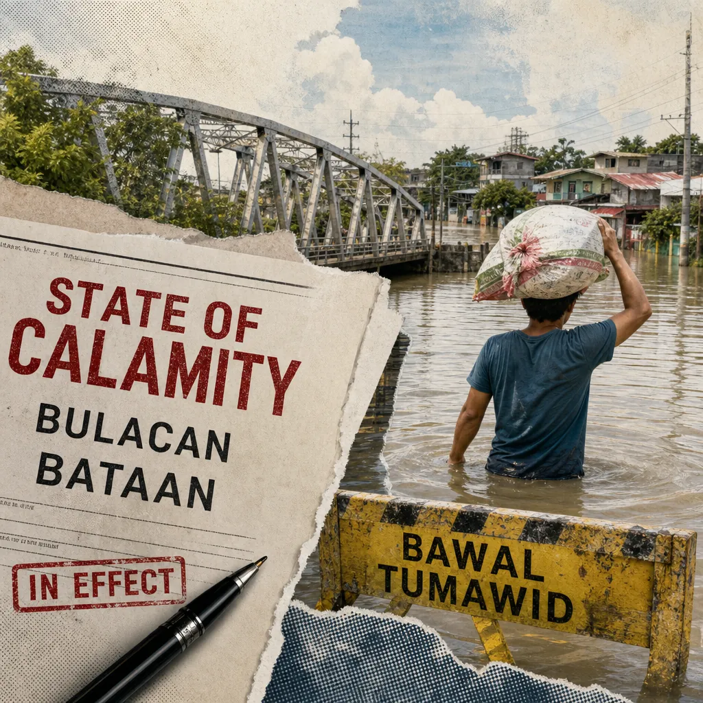 A man wades through deep floodwater carrying a sack on his head near a bridge and houses, with a yellow barricade reading "Bawal Tumawid" in front; on the left, a torn paper shows "State of Calamity Bulacan Bataan In Effect," illustrating how floods force calamity in Bulacan and Bataan.