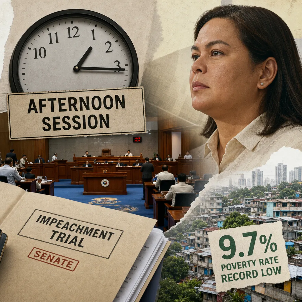 A collage showing a Senate session in progress, a clock reading 1:00 with a sign that says "Afternoon Session," a serious-looking woman, a folder labeled "Impeachment Trial Senate," and an urban neighborhood with a sign stating "9.7% poverty rate record low," illustrating the Senate shifts Duterte impeachment trial to afternoons as record-low poverty rate sparks debate; public scrutinizes court, anti-corruption, and AI job risks.