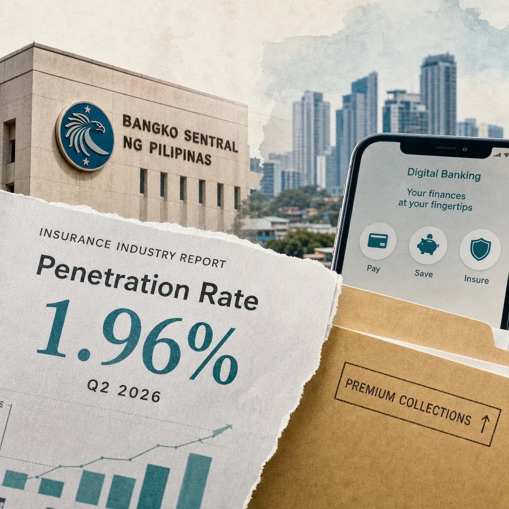 A collage showing the Bangko Sentral ng Pilipinas building, a digital banking app on a smartphone, a newspaper clipping with an insurance penetration rate of 1.96%, and a folder labeled "Premium Collections," illustrating insurance, banking, and credit access are expanding in the Philippines.