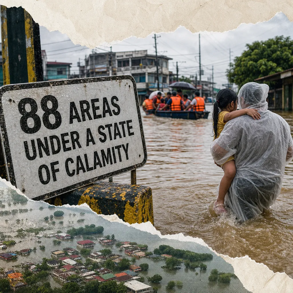 A sign reading "88 areas under a state of calamity" stands in floodwater as a person in a raincoat carries a child, with people being rescued by boat in the background and an aerial view of flooded houses below, illustrating flooding that put 88 Luzon areas under calamity.