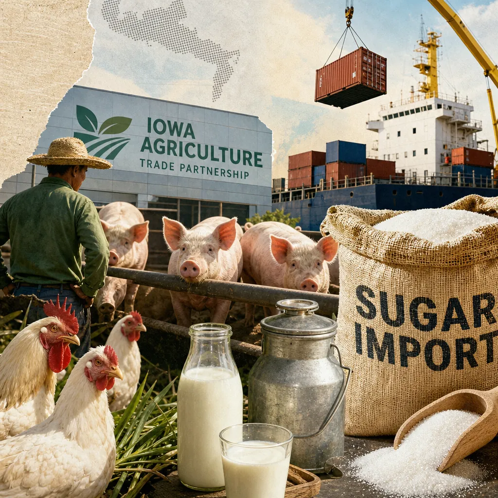 A collage showing hogs, chickens, bottles of milk, a farmer, a sack labeled "sugar imports," and a shipping container being loaded onto a cargo ship, representing Philippine Q2 agriculture output rose for hogs, dairy, and chicken, but farmgate prices fell.