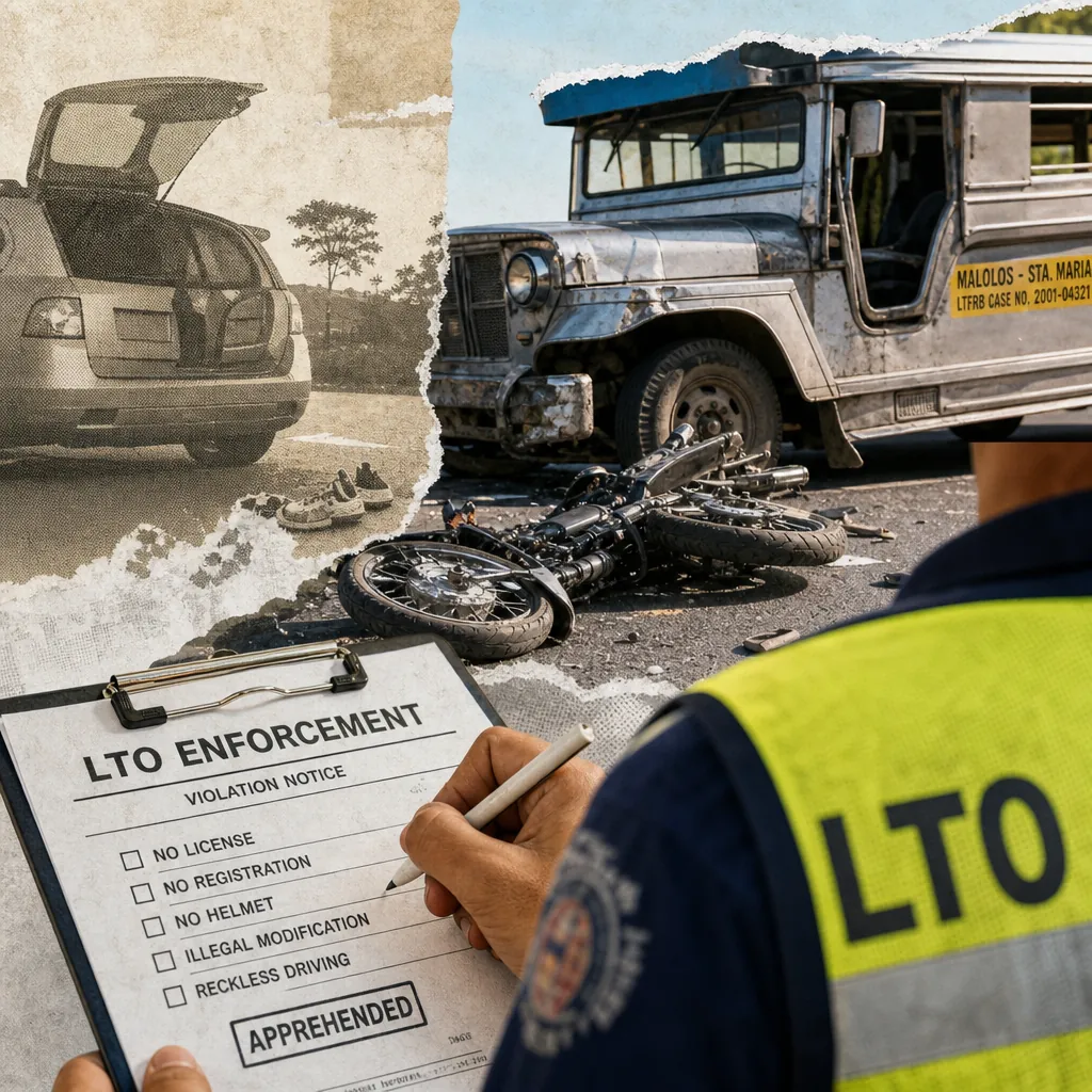A collage showing a Mitsubishi Outlander PHEV with its trunk open, a road accident involving a motorcycle and a jeepney, and an LTO officer writing a violation notice, representing Philippine auto news focused on the Mitsubishi Outlander PHEV launch, fatal road incidents, LTO enforcement, flood risks, and regulatory compliance debates.